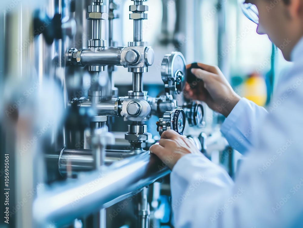 Engineer calibrating industrial equipment in a factory setting, ensuring precision and efficiency in technical processes. Engineer calibrating industrial equipment in a factory setting, ensuring precision and efficiency in technical processes.