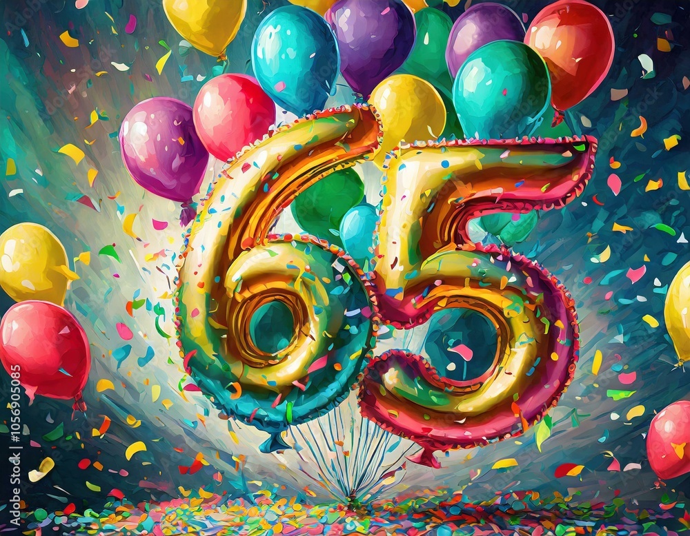 Birthday / anniversary balloon, number 65, colorful illustration with confetti and festive decoration Birthday / anniversary balloon, number 65, colorful illustration with confetti and festive decoration