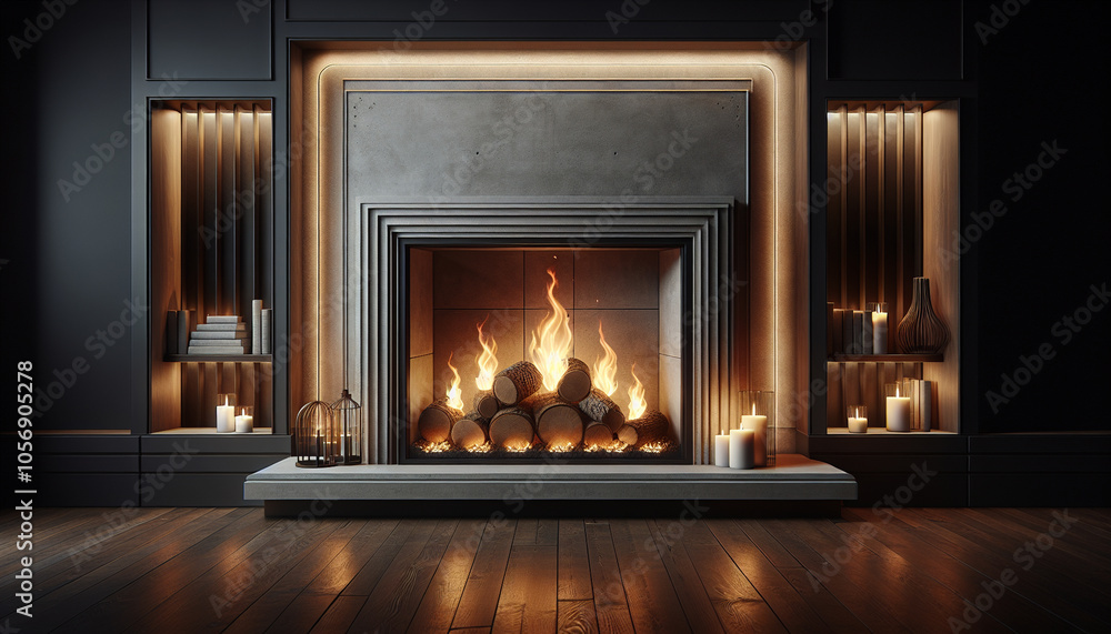 Modern fireplace with realistic flames on polished wooden surface Modern fireplace with realistic flames on polished wooden surface