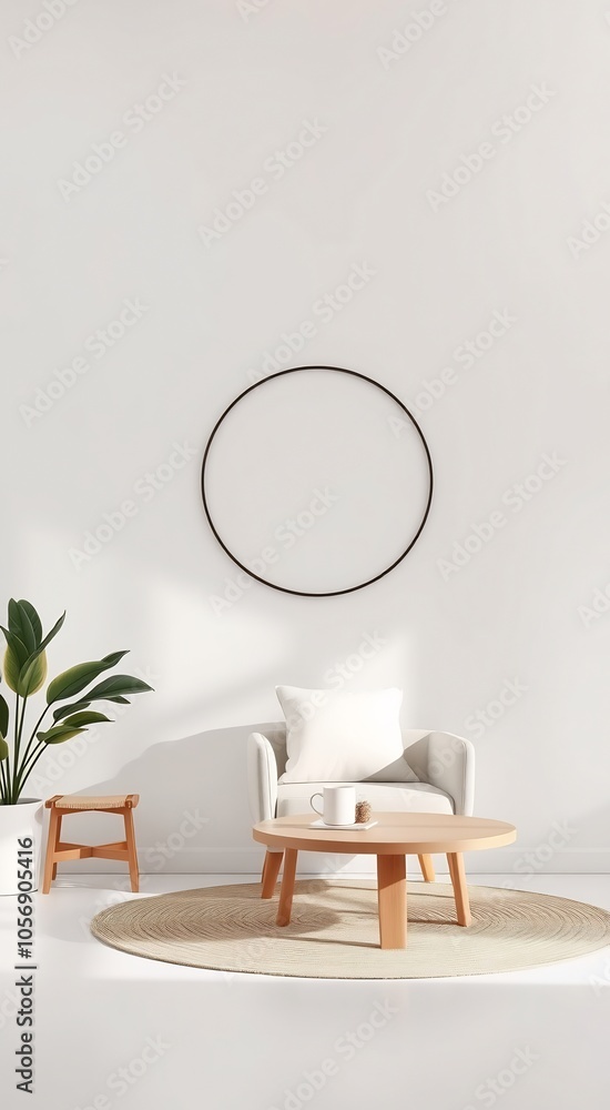 Minimalist living room with a white armchair, a coffee table, a small stool, and a plant in a pot. Minimalist living room with a white armchair, a coffee table, a small stool, and a plant in a pot.