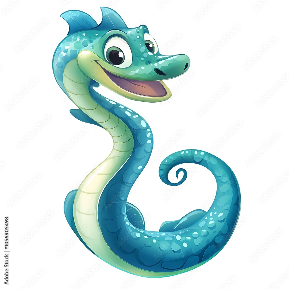 A cartoon sea serpent swimming gracefully with a happy face on a white background.