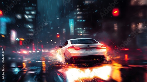 A White Car Speeding Through a City at Night with Blurred Lights