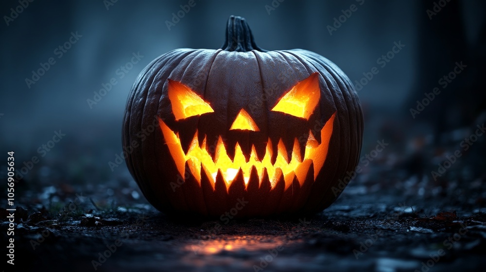 Glowing Jack-O-Lantern Halloween pumpkin in dark spooky atmosphere Glowing Jack-O-Lantern Halloween pumpkin in dark spooky atmosphere