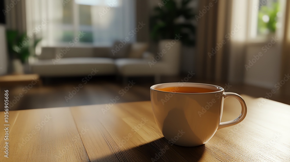 A serene morning scene with a warm coffee mug on a wooden table, bathed in soft natural light from a nearby window, in a cozy living room. A serene morning scene with a warm coffee mug on a wooden table, bathed in soft natural light from a nearby window, in a cozy living room.