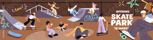 Skate park advertising banner design. Promotion of event in skatepark for skaters and young peoples. Skateboarders jump, do sport stunts, extreme tricks with board on ramps. Flat vector illustration