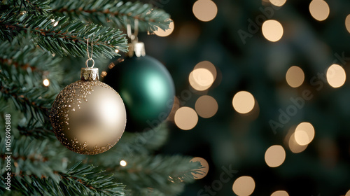 Christmas, New year greeting card. Christmas tree branches with decoration baubles on black bokeh background