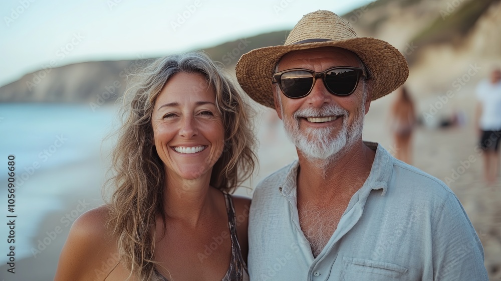 A man and woman are smiling at the camera on a beach. The man is wearing sunglasses and a straw hat A man and woman are smiling at the camera on a beach. The man is wearing sunglasses and a straw hat