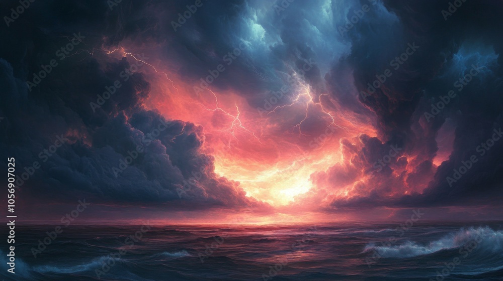 Fototapeta premium Dramatic Sunset Over a Stormy Sea with Lightning Strikes