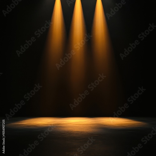 A dark stage with three warm spotlights illuminating the floor, creating an inviting atmosphere suitable for performances or presentations, Ideal for theater promotions, event planning photo