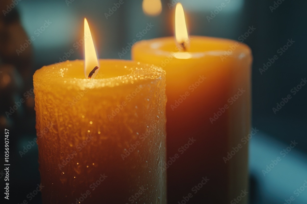 A pair of lit candles on a table, great for adding ambiance to any setting A pair of lit candles on a table, great for adding ambiance to any setting