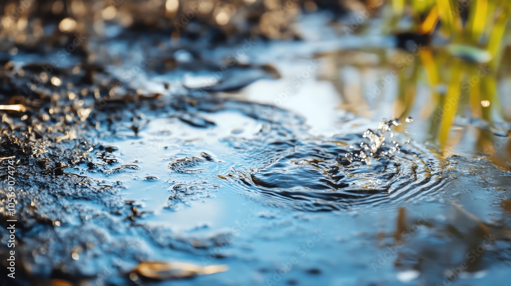Close-up of rippling water in a muddy puddle, reflecting sunlight and surrounded by lush green grass, capturing a serene natural moment. Close-up of rippling water in a muddy puddle, reflecting sunlight and surrounded by lush green grass, capturing a serene natural moment.