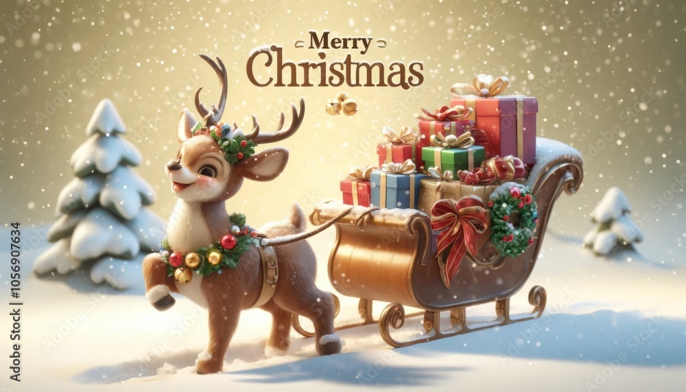 Naklejka premium A cheerful reindeer pulling a sleigh overflowing with wrapped gifts