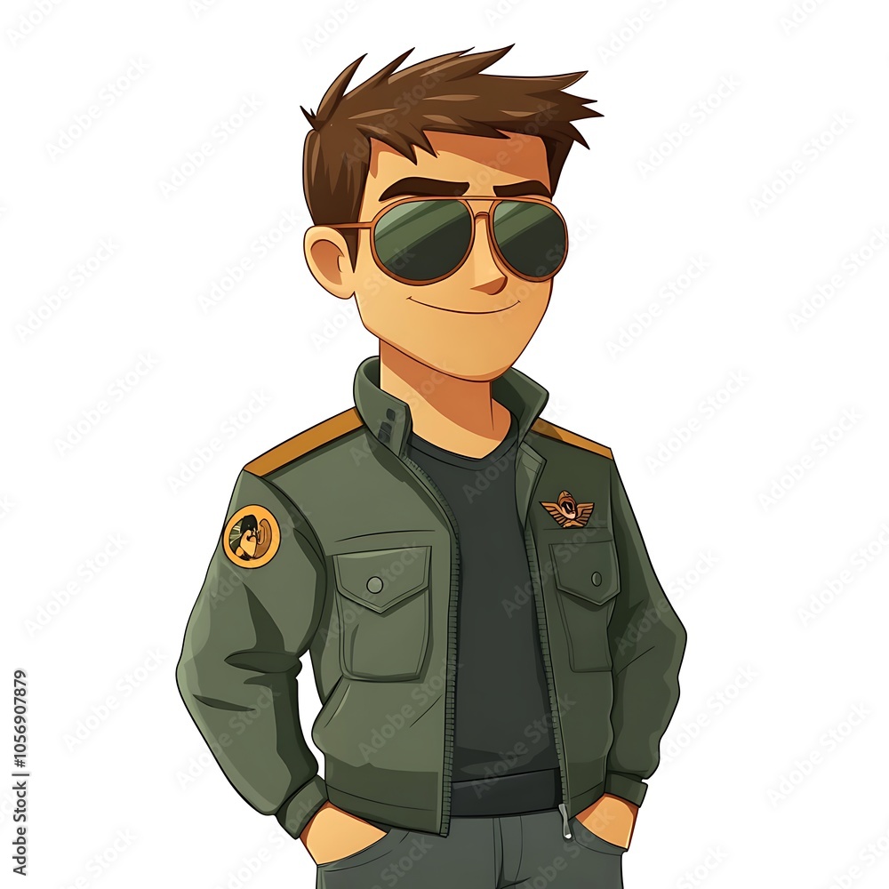Cartoon pilot in a bomber jacket with aviator sunglasses on a white background. Cartoon pilot in a bomber jacket with aviator sunglasses on a white background.