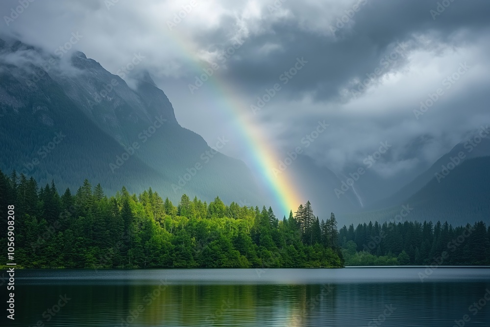 A rainbow is seen in the sky above a lake surrounded by trees A rainbow is seen in the sky above a lake surrounded by trees
