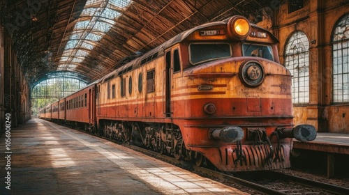 Rusty Red Train in Abandoned Train Station