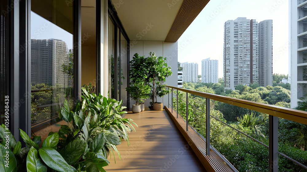 Balcón residencial con plantas en macetas y vista a edificios rodeados de naturaleza
Balcón residencial con plantas en macetas y vista a edificios rodeados de naturaleza
