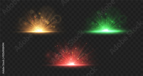 Glowing bright light explosion effect.  Crystal The effect of a bright flickering flash of light on a transparent background with rays and highlights. Vector illustration. Lens explosion, spark, spark