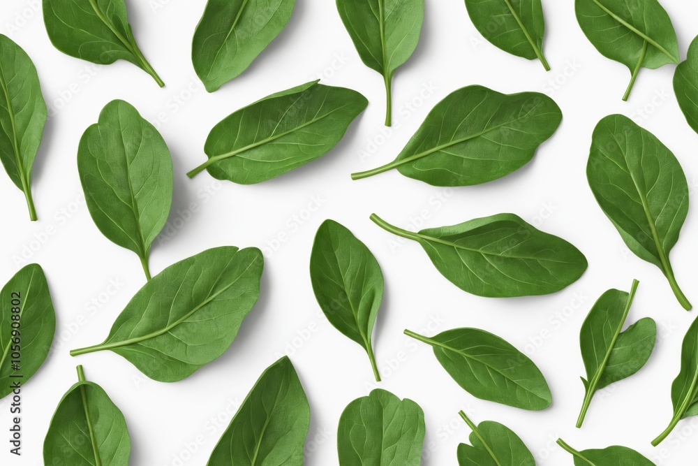 Flat lay of fresh spinach leaves arranged on white background Flat lay of fresh spinach leaves arranged on white background