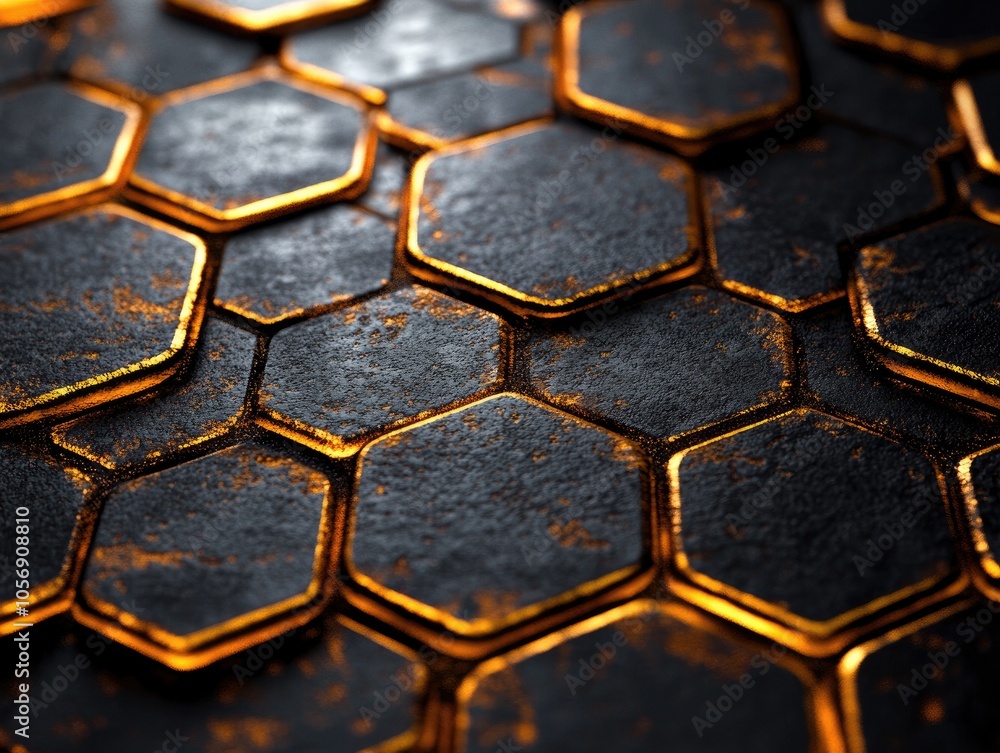 Black background wallpaper with a luxurious golden geometric hexagon pattern Black background wallpaper with a luxurious golden geometric hexagon pattern