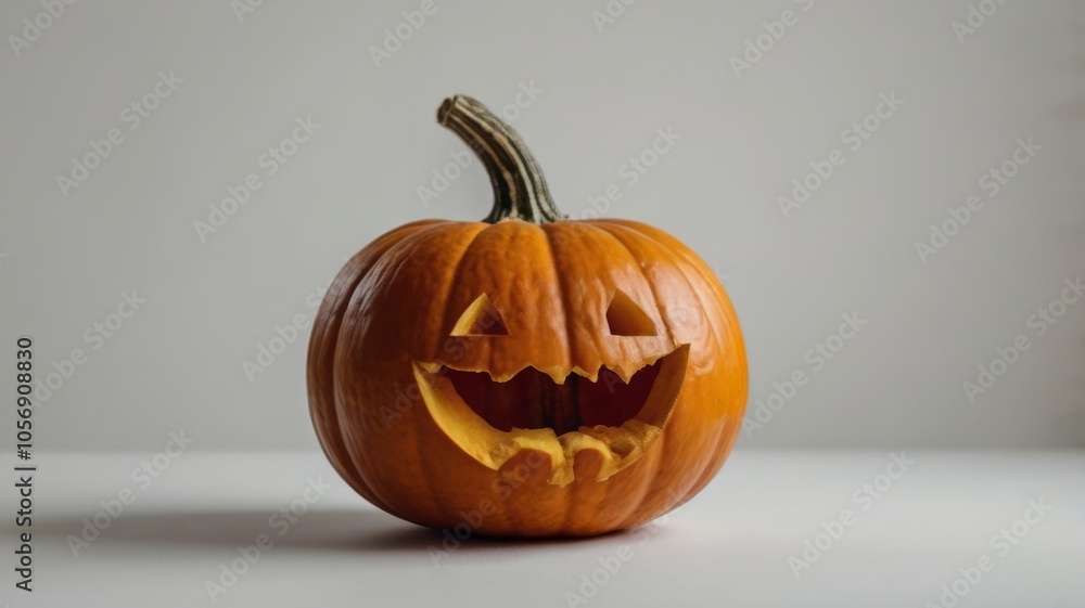 Halloween pumpkin with scary face on white wooden table and grey background Halloween pumpkin with scary face on white wooden table and grey background