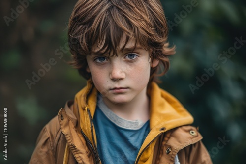 A young boy dressed in a brown jacket and blue shirt, a casual outfit for everyday wear