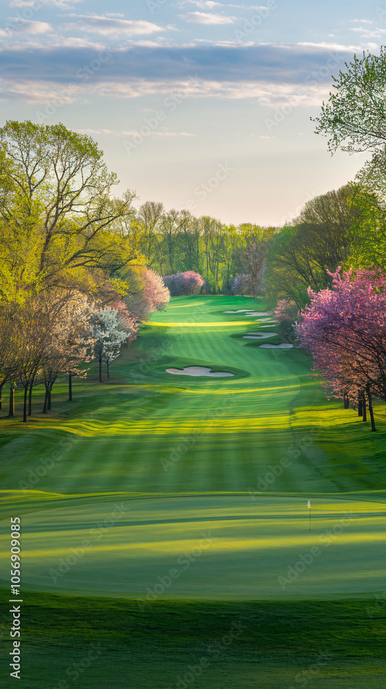 A spring golf course features vibrant greens and blossoming trees under a clear, sunny sky. A spring golf course features vibrant greens and blossoming trees under a clear, sunny sky.
