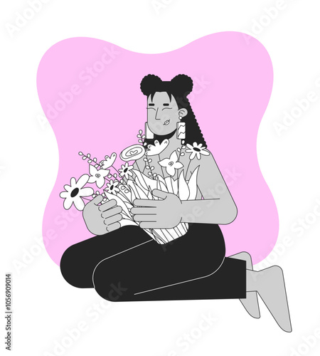 Celebrating strength after mastectomy black and white 2D illustration concept. Breast cancer survivor hispanic woman embracing flowers outline character isolated. Metaphor monochrome vector art