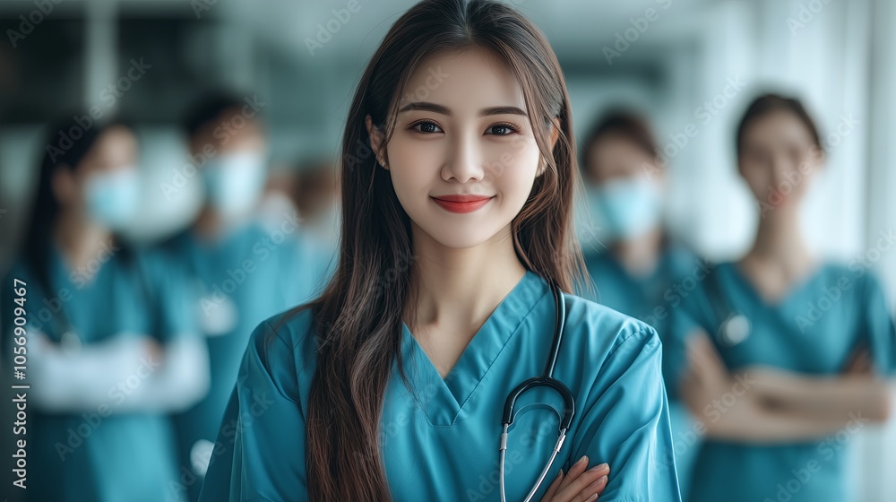 A woman in a blue scrubs is smiling for the camera. She is wearing a mask and is surrounded by other people in blue scrubs A woman in a blue scrubs is smiling for the camera. She is wearing a mask and is surrounded by other people in blue scrubs