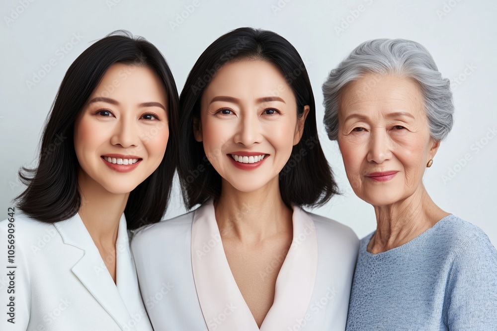 Three generations of women smiling warmly together, showcasing their strong family bond and diverse styles against a light background Three generations of women smiling warmly together, showcasing their strong family bond and diverse styles against a light background