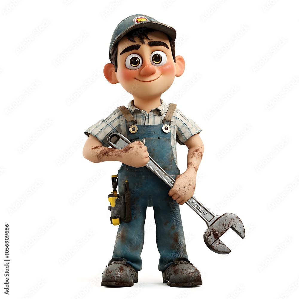 Cartoon mechanic holding a wrench with grease stains on a white background. Cartoon mechanic holding a wrench with grease stains on a white background.