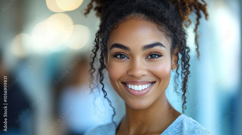 Smiling woman with curly hair in a bright, modern environment. Smiling woman with curly hair in a bright, modern environment.