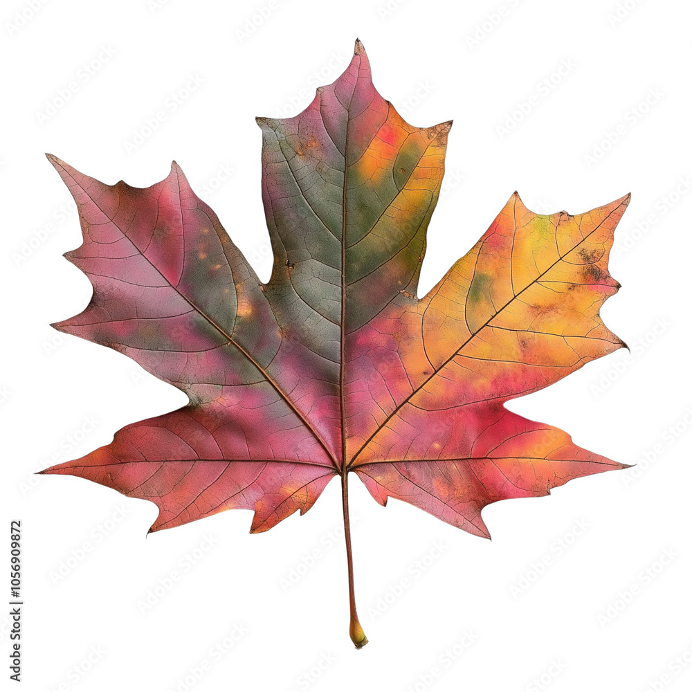 Obraz premium A colorful autumn maple leaf rests against a black background, showcasing vibrant hues of red, yellow, and orange.
