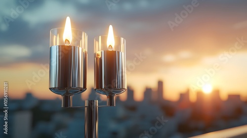 Menorah Silhouette at Sunset Over Cityscape photo