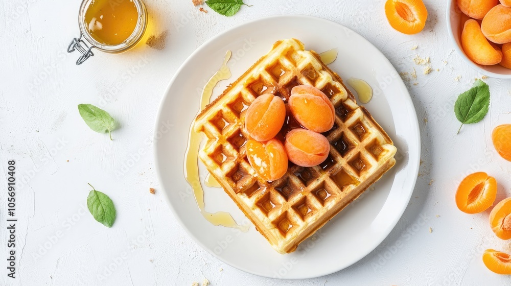 Belgian waffles topped with fresh apricots and drizzled with honey presented on a white background from a top view perspective Belgian waffles topped with fresh apricots and drizzled with honey presented on a white background from a top view perspective