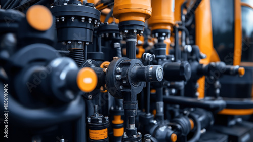 Close-up view of industrial machine parts featuring valves, pipes, and orange components in a complex mechanical system.