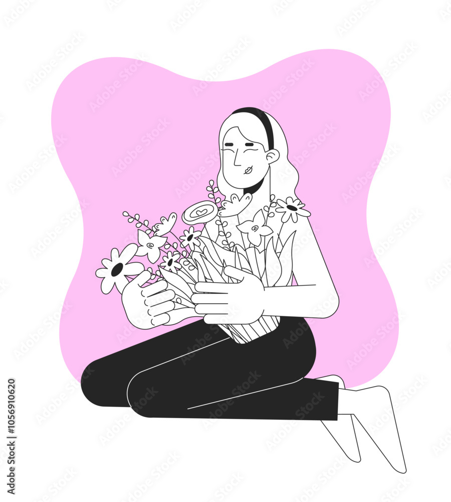 Celebrating life after breast reconstruction black and white 2D illustration concept. Breast cancer survivor white woman embracing bouquet outline character isolated. Metaphor monochrome vector art Celebrating life after breast reconstruction black and white 2D illustration concept. Breast cancer survivor white woman embracing bouquet outline character isolated. Metaphor monochrome vector art