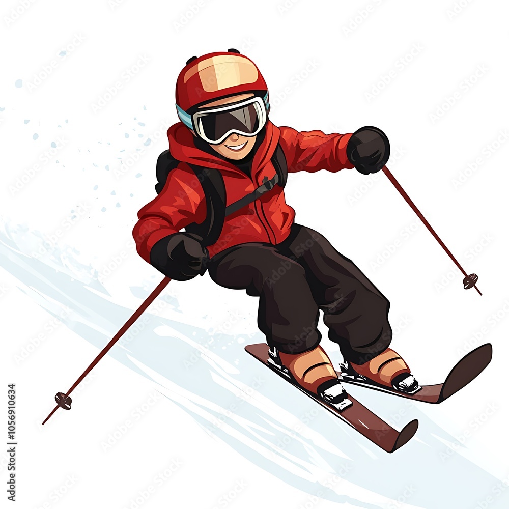 Fototapeta premium A cartoon skier going downhill on skis on a white background.