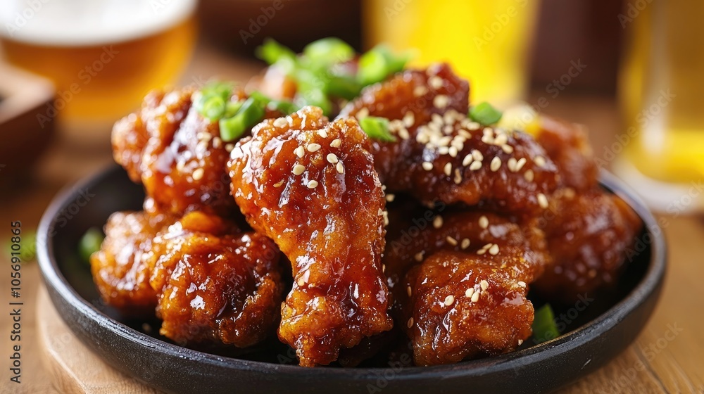 Crispy fried chicken served with a refreshing beer a beloved pairing in Korean cuisine Crispy fried chicken served with a refreshing beer a beloved pairing in Korean cuisine