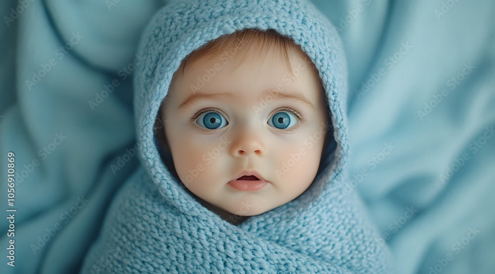 Bundled in a soft blue blanket, this baby looks ahead with wide, curious eyes that capture the essence of innocence and wonder. Bundled in a soft blue blanket, this baby looks ahead with wide, curious eyes that capture the essence of innocence and wonder.