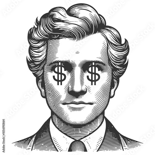 man with excited expression and dollar signs in his eyes, symbolizing greed or financial ambition sketch engraving generative ai vector illustration. Scratch board imitation. Black and white image.