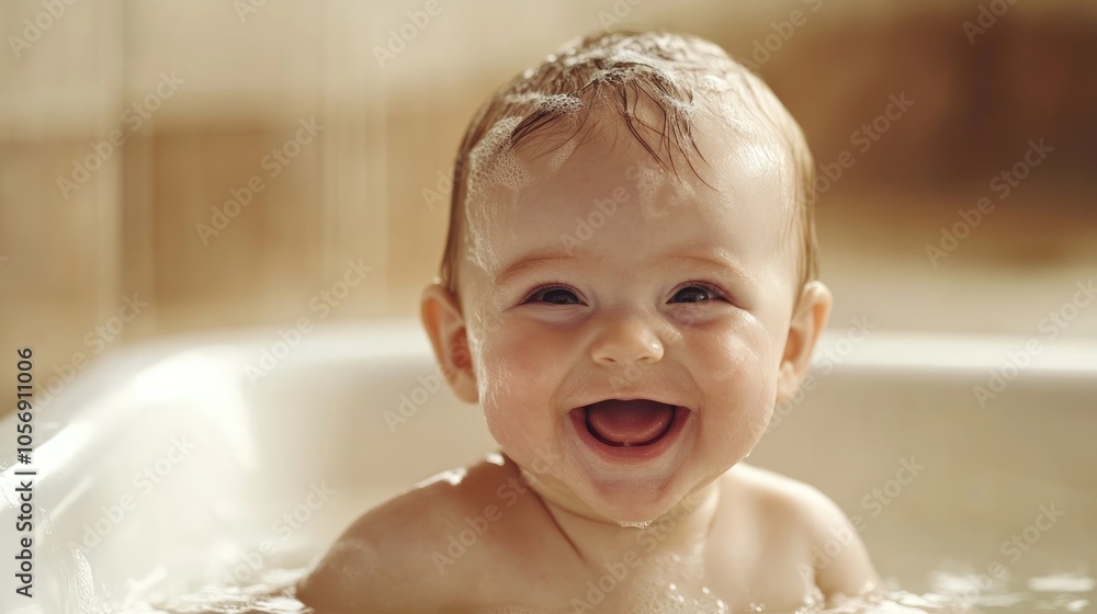A joyful baby enjoying bath time laughing in the tub A joyful baby enjoying bath time laughing in the tub