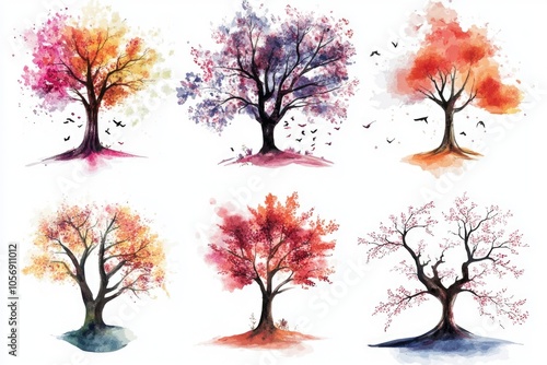 Four watercolor trees on a white background