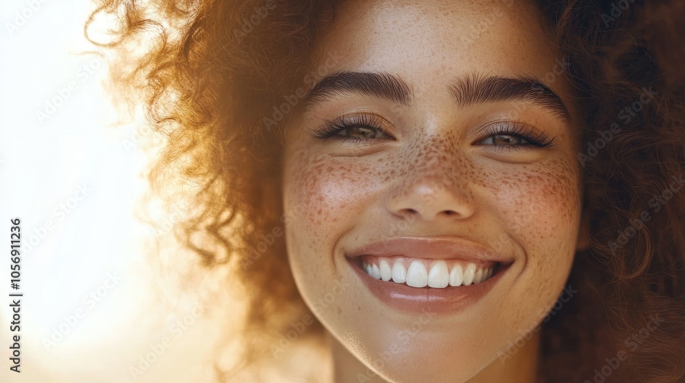 Close up image of a smiling woman against a light background Close up image of a smiling woman against a light background