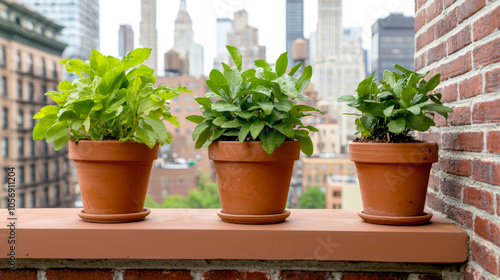 Fresh herbs in terracotta pots on balcony with city skyline view