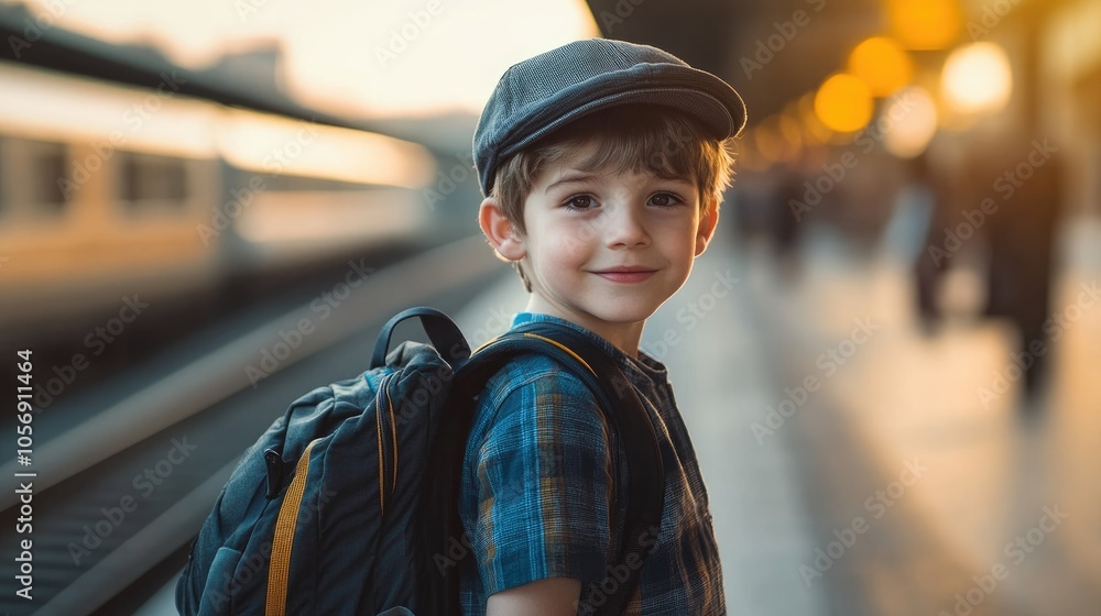 Portrait of a charming young boy with a backpack at a railway station Portrait of a charming young boy with a backpack at a railway station