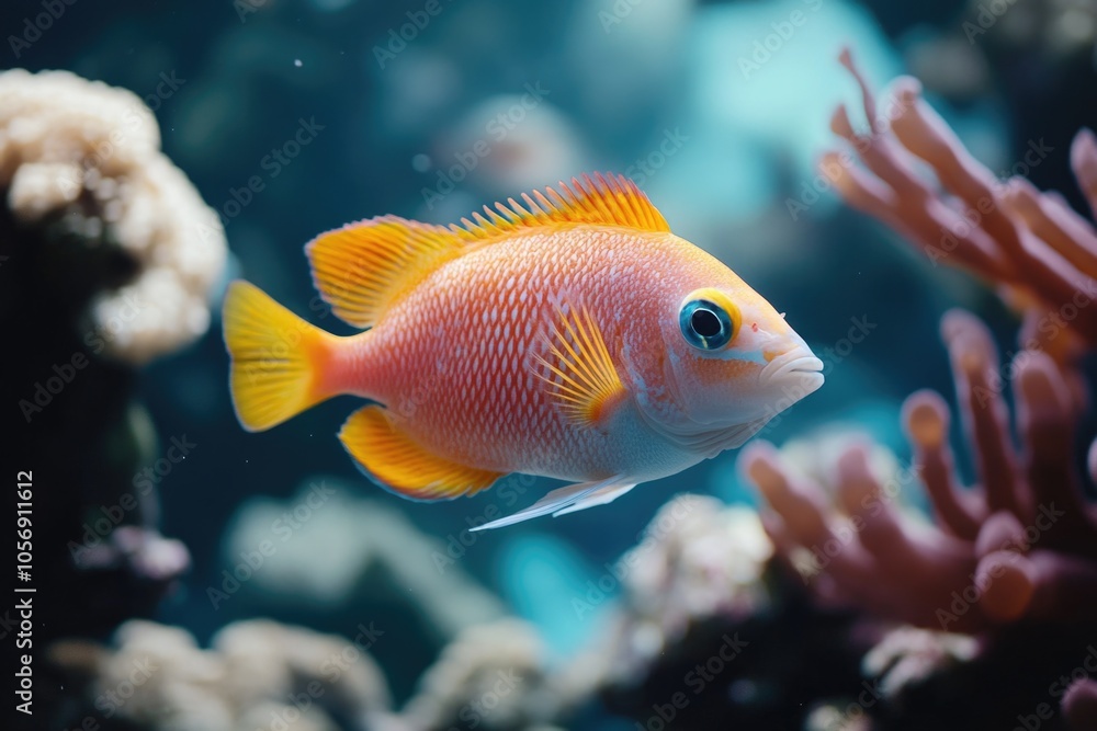 A close-up view of a fish swimming in its aquarium habitat A close-up view of a fish swimming in its aquarium habitat