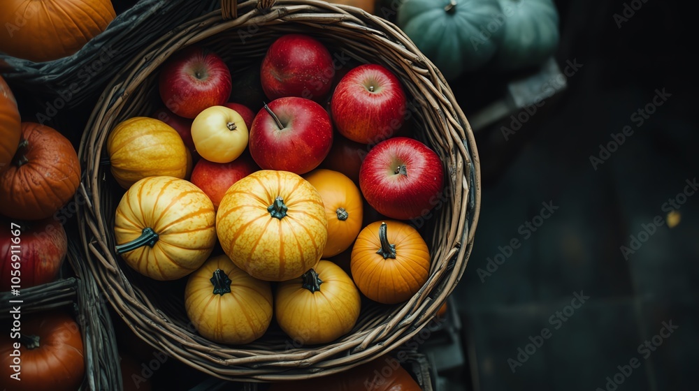 A rustic basket filled with fresh apples and small pumpkins, symbolizing the autumn harvest season. Perfect for fall-themed projects. A rustic basket filled with fresh apples and small pumpkins, symbolizing the autumn harvest season. Perfect for fall-themed projects.