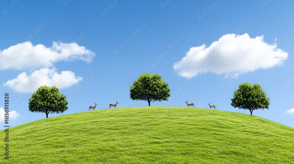 Green Meadow Landscape with Deer and Trees under Blue Sky Green Meadow Landscape with Deer and Trees under Blue Sky