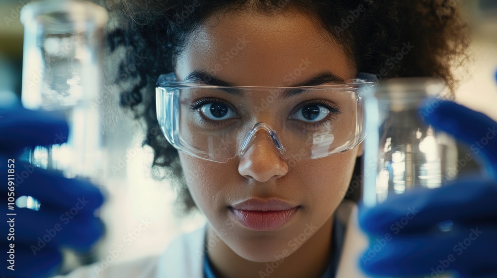 Female scientist performing experiments in a lab wearing safety goggles and gloves focused on analyzing liquid samples in glass beakers Female scientist performing experiments in a lab wearing safety goggles and gloves focused on analyzing liquid samples in glass beakers