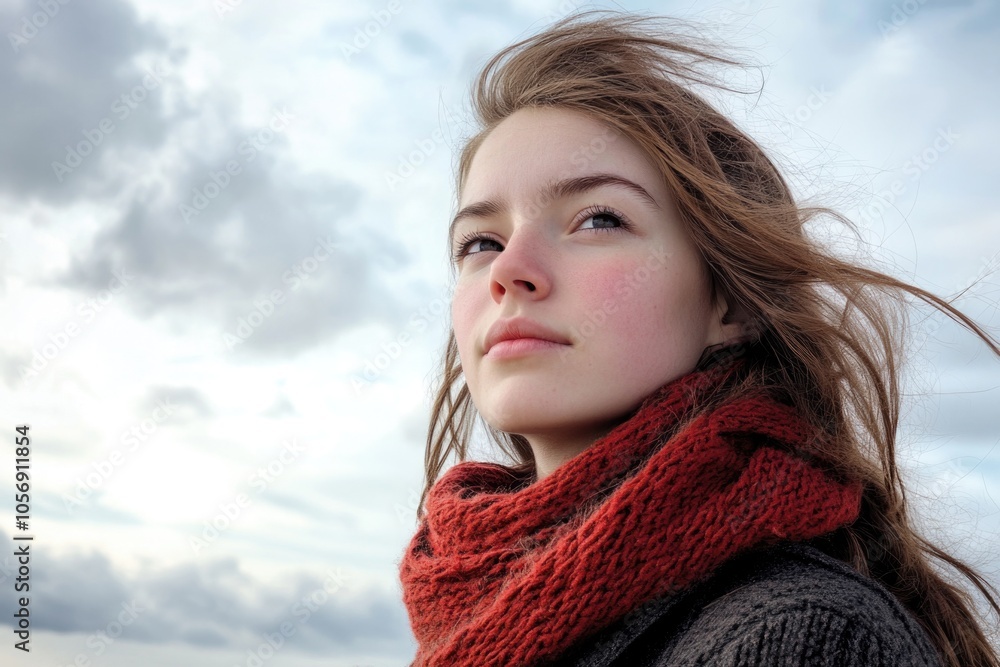 A youthful female wearing a bright red scarf, ideal for fashion or lifestyle imagery A youthful female wearing a bright red scarf, ideal for fashion or lifestyle imagery
